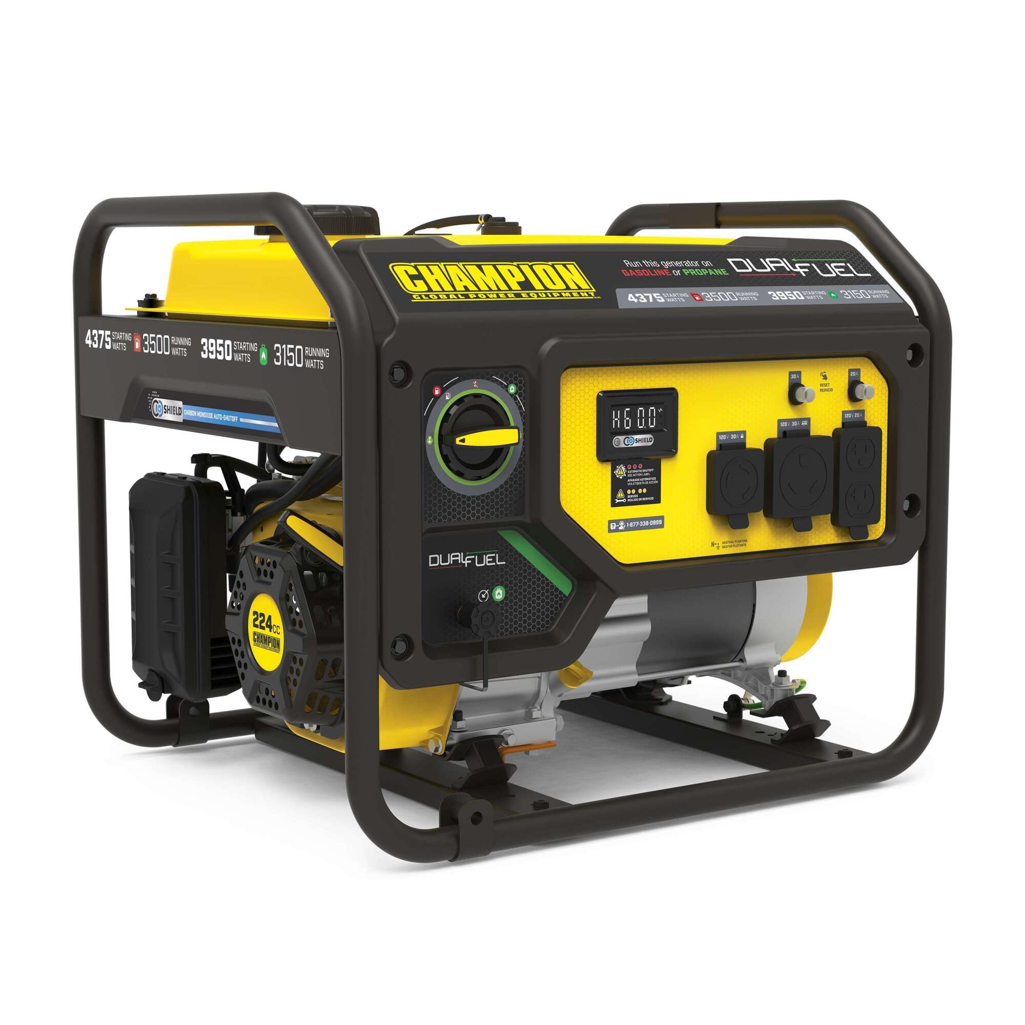 Champion Power Equipment Dual Fuel Portable Generator with CO Shield — 3500W, 224cc, 68dBA, 4.7-Gallon Tank, Model# 201296